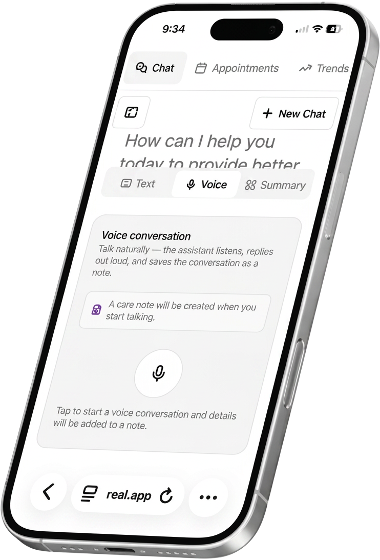 The DemiHelp app open on a phone, showing the voice conversation screen
