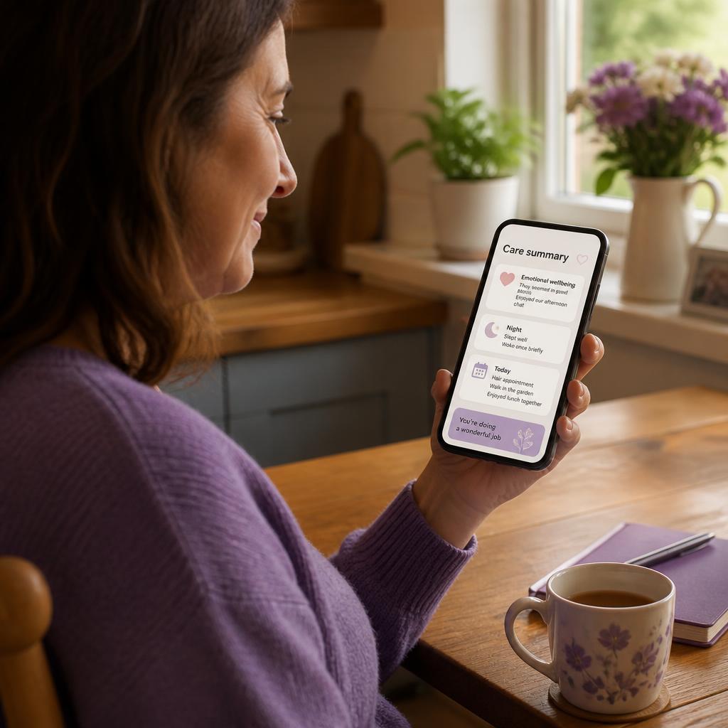 Caregiver reviewing a care summary on a smartphone