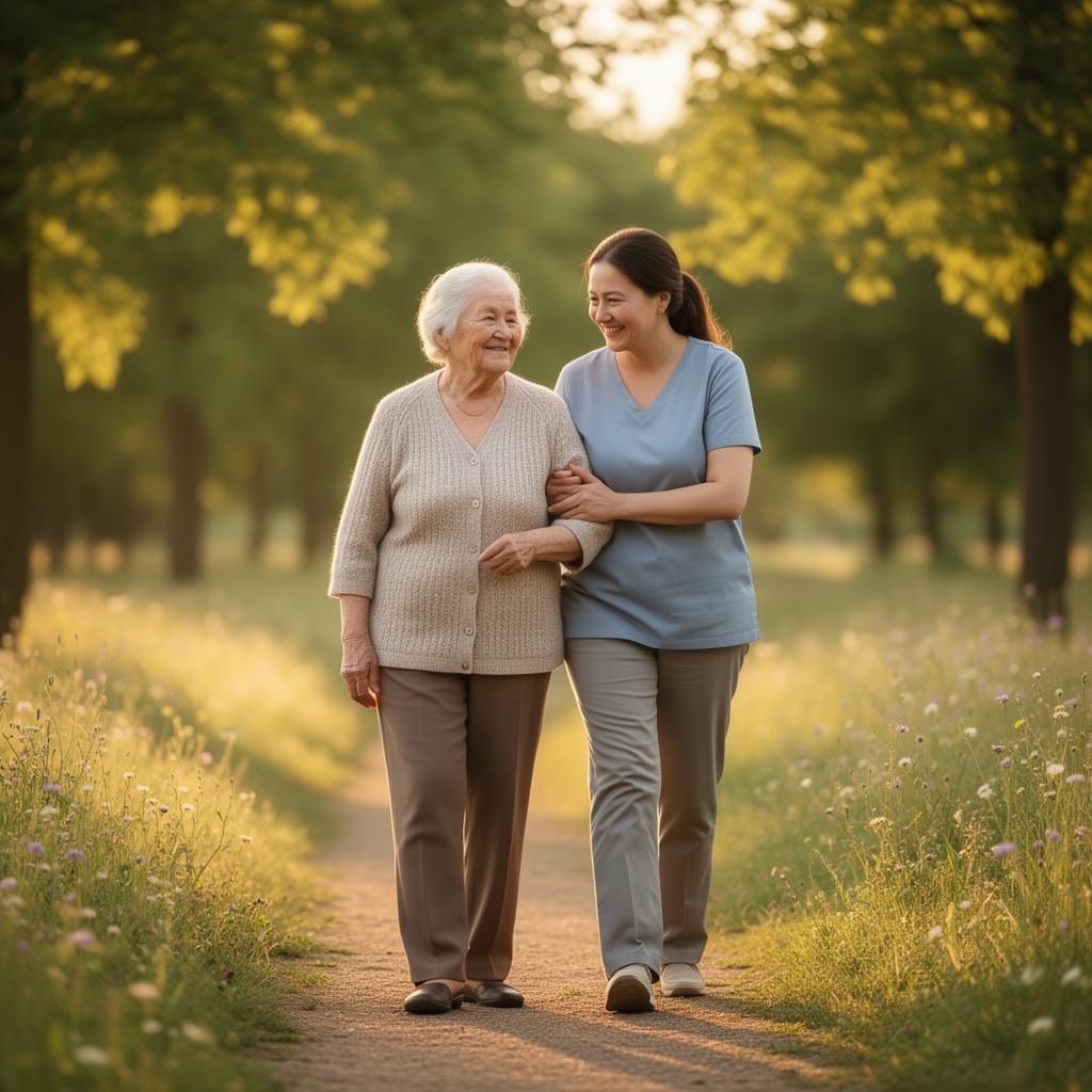 An elderly woman walking arm-in-arm with her caregiver on a sunlit garden path