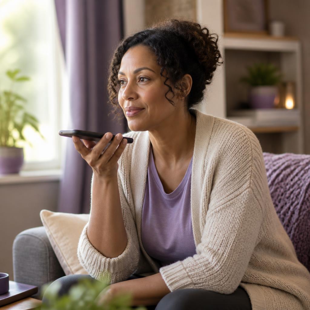 Caregiver speaking a voice note into a smartphone in a cozy home setting