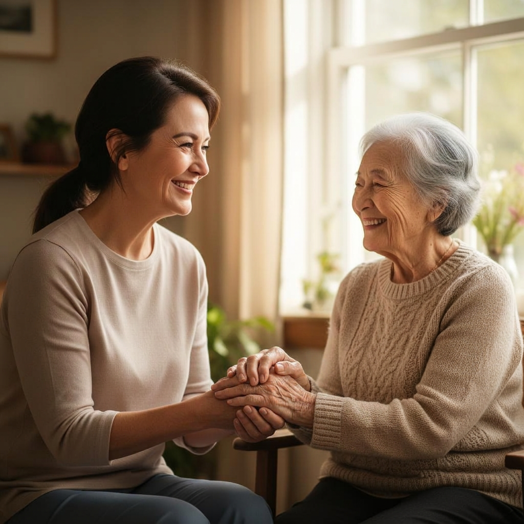 A caregiver gently holding hands with their elderly mother